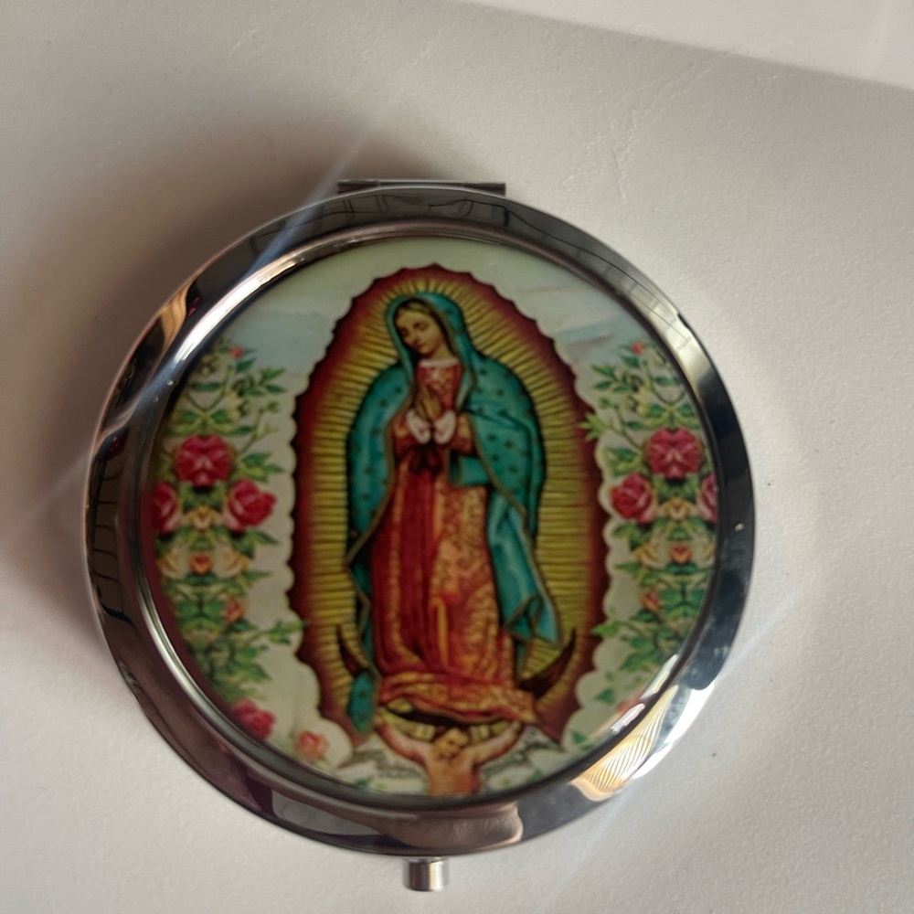 Religious Compact Mirror with Floral Accents